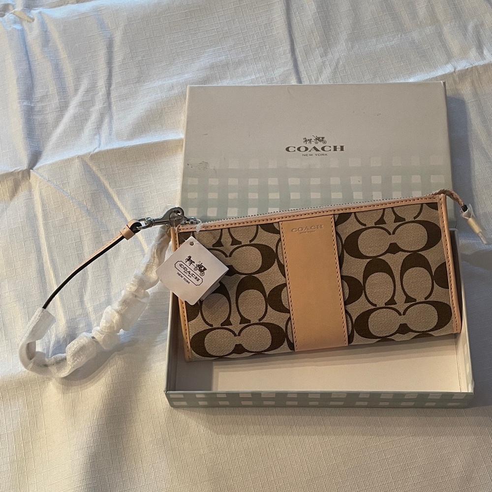 Coach Signature Beige and Brown Wristlet